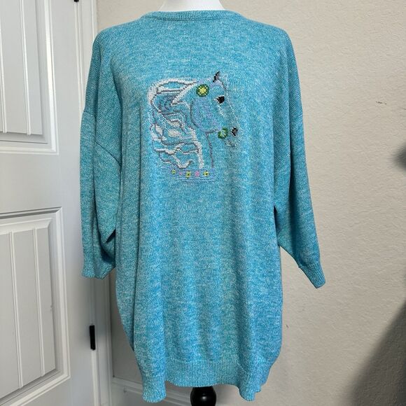 Vintage 90s Turquoise oversize Sweater with Carousel Horse XL Dolman sleeves - Picture 1 of 7